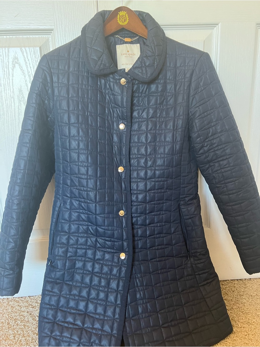kate spade Navy Quilted Long Puffer Coat with Gold Buttons